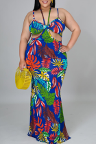 Blue Sexy Print Hollowed Out Halter Trumpet Mermaid Plus Size Dresses