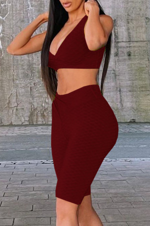 Burgundy Casual Solid Split Joint Spaghetti Strap Sleeveless Two Pieces