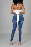 Baby Blue Fashion Casual Print Ripped High Waist Regular Jeans