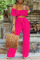 Rose Red Casual Solid Backless Bateau Neck Regular Jumpsuits