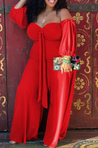 Red Casual Solid Bandage Split Joint Strapless Plus Size Jumpsuits