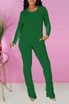 Green Casual Solid Fold O Neck Long Sleeve Two Pieces