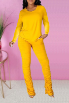 Yellow Casual Solid Fold O Neck Long Sleeve Two Pieces