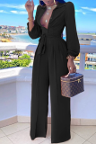 Black Casual Solid Patchwork Turndown Collar Straight Jumpsuits