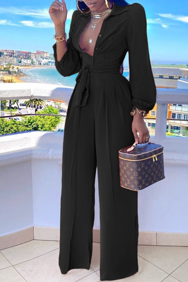 Black Casual Solid Patchwork Turndown Collar Straight Jumpsuits