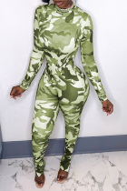 Green Sexy Camouflage Print Patchwork Half A Turtleneck Skinny Jumpsuits