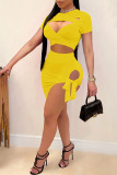 Yellow Sexy Solid Hollowed Out Asymmetrical With Bow O Neck Short Sleeve Two Pieces