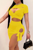 Yellow Sexy Solid Hollowed Out Asymmetrical With Bow O Neck Short Sleeve Two Pieces
