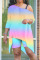Rainbow Color Sexy Patchwork Print asymmetrical Straight Long Sleeve Two Pieces