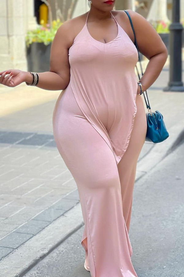 Pink Casual Solid Patchwork Halter Plus Size Jumpsuits