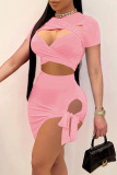 Pink Sexy Solid Hollowed Out Asymmetrical With Bow O Neck Short Sleeve Two Pieces