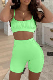 Fluorescent Green Sexy Solid Patchwork Fold Spaghetti Strap Sleeveless Two Pieces