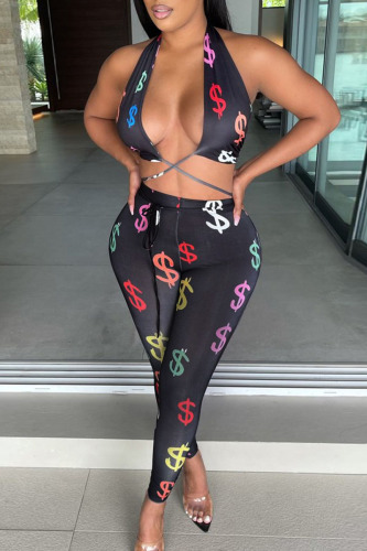 Black Sexy Print Patchwork Frenulum Backless Halter Sleeveless Two Pieces