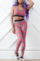 Pink Sexy Plaid Split Joint O Neck Sleeveless Two Pieces