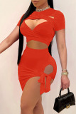 Tangerine Red Sexy Solid Hollowed Out Asymmetrical With Bow O Neck Short Sleeve Two Pieces