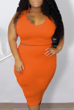 Tangerine Red Casual Solid Patchwork O Neck Pencil Skirt Plus Size Two Pieces