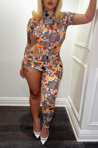 Tangerine Red Sexy Print Patchwork Turtleneck Short Sleeve Two Pieces