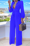 Baby Blue Casual Solid Patchwork Turndown Collar Straight Jumpsuits