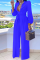Blue Casual Solid Split Joint Turndown Collar Straight Jumpsuits