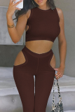 Brown Sexy Solid Patchwork O Neck Sleeveless Two Pieces