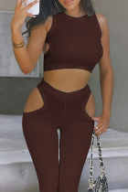 Brown Sexy Solid Split Joint O Neck Sleeveless Two Pieces