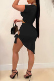 Black Sexy Solid Hollowed Out Asymmetrical With Bow O Neck Short Sleeve Two Pieces