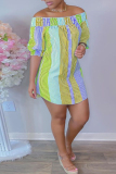 Pink Yellow Casual Striped Patchwork Off the Shoulder Straight Dresses