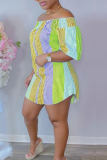 Pink Yellow Casual Striped Patchwork Off the Shoulder Straight Dresses