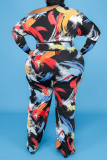 Red Casual Print Patchwork One Shoulder Plus Size Jumpsuits