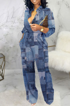 Dark Blue Casual Color Lump Print Bandage Patchwork Buckle Mandarin Collar Straight Jumpsuits