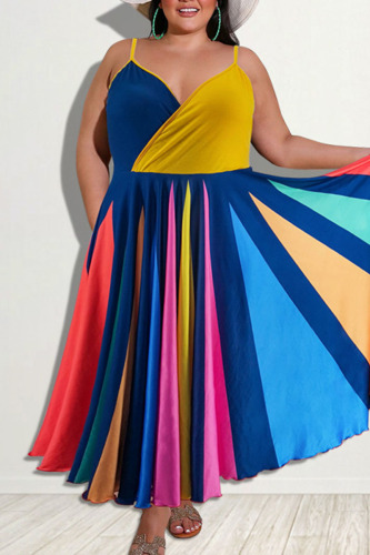 Yellow Casual Print Patchwork Spaghetti Strap Sling Dress Plus Size Dresses