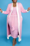 Pink Casual Solid Bandage Patchwork U Neck Vest Dress Plus Size Two Pieces