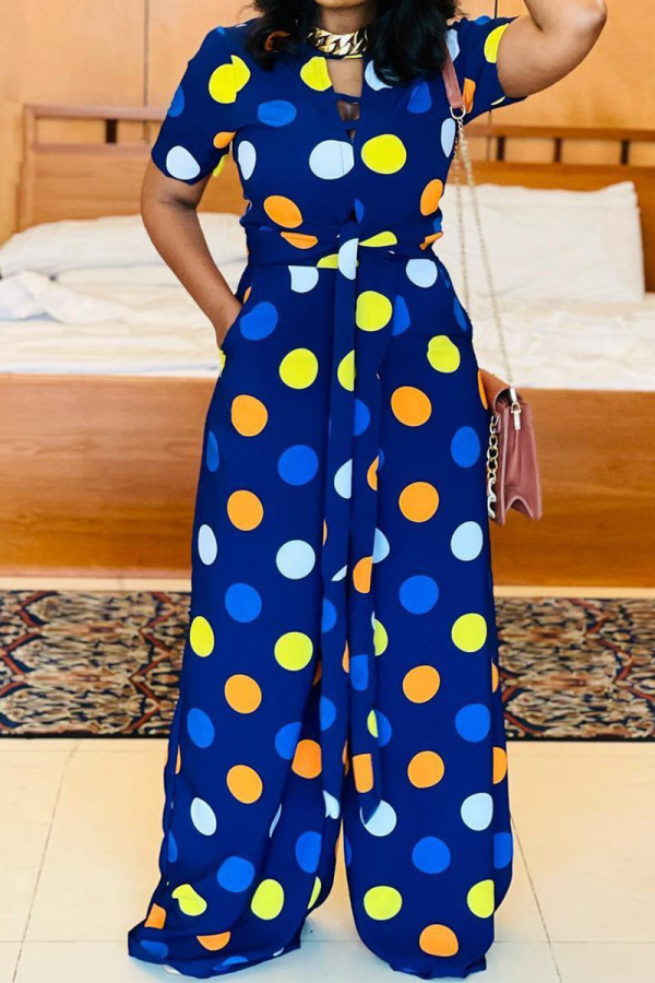 Blue Casual Dot Patchwork V Neck Straight Jumpsuits