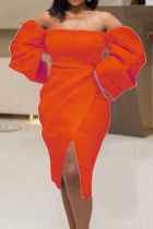Tangerine Red Elegant Solid Split Joint Asymmetrical Strapless Irregular Dress Dresses