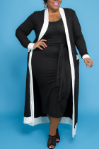 Black Casual Solid Bandage Split Joint U Neck Vest Dress Plus Size Two Pieces