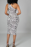 Grey Sexy Print Bandage Hollowed Out Patchwork Oblique Collar Pencil Skirt Dresses