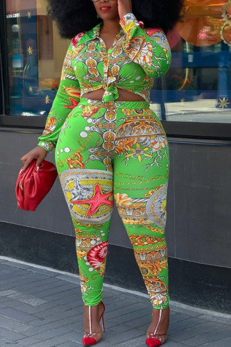 Green Street Print Patchwork Turndown Collar Plus Size Two Pieces
