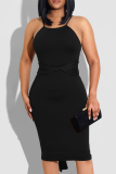 Black Casual Solid Patchwork Spaghetti Strap Pencil Skirt Dresses
