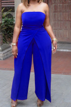 Colorful Blue Celebrities Solid Split Joint Asymmetrical Strapless Straight Jumpsuits