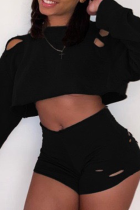 Black Casual Solid Ripped O Neck Long Sleeve Two Pieces