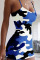 Blue Sexy Camouflage Print Patchwork Spaghetti Strap Pencil Skirt Dresses