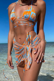 Orange Sexy Print Hollowed Out Patchwork Swimwears