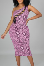 Rose Purple Sexy Print Bandage Hollowed Out Patchwork Oblique Collar Pencil Skirt Dresses