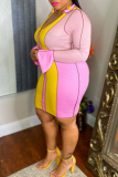 Pink Yellow Sexy Solid Patchwork O Neck Pencil Skirt Plus Size Dresses
