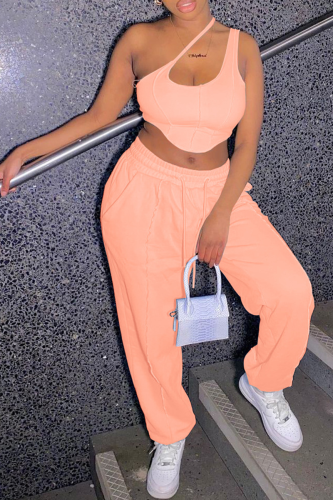 Pink Casual Solid Hollowed Out One Shoulder Sleeveless Two Pieces