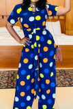 Blue Casual Dot Patchwork V Neck Straight Jumpsuits