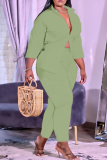 Green Casual Solid Patchwork Turndown Collar Plus Size Two Pieces