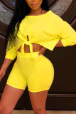 Yellow Casual Solid Bandage Patchwork O Neck Half Sleeve Two Pieces
