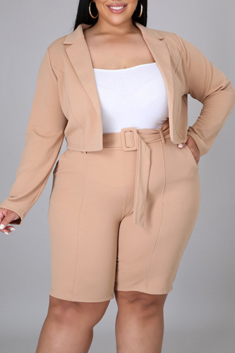 Cream White Casual Solid Patchwork Turn-back Collar Plus Size Two Pieces