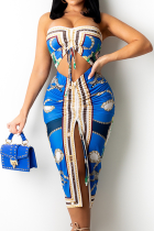Blue Sexy Print Patchwork Strapless Sleeveless Two Pieces